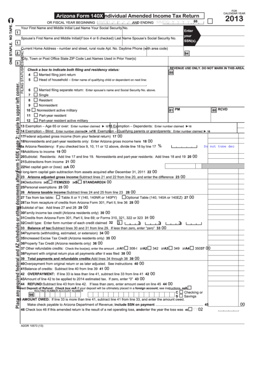 Fillable Arizona Form 140x - Individual Amended Income Tax Return - 2013 Printable pdf