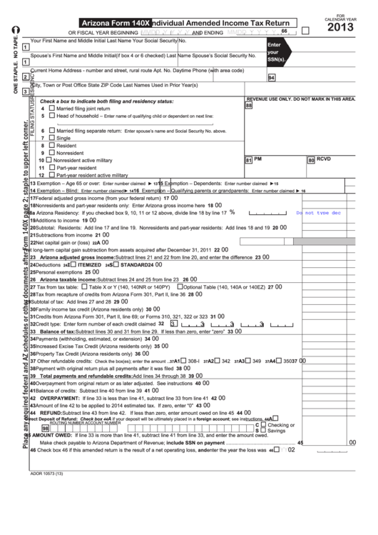 Fillable Arizona Form 140x Individual Amended Income Tax Return 2013 Printable Pdf Download