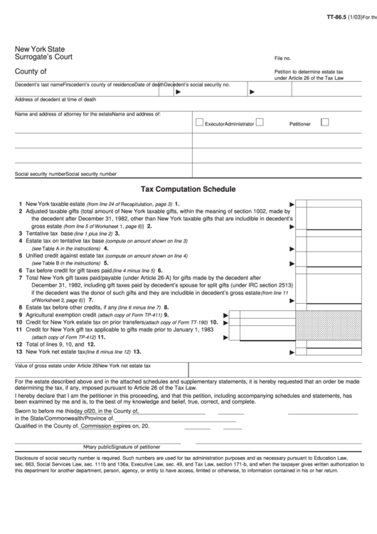 Form Tt-86.5 - Tax Computation Schedule printable pdf download