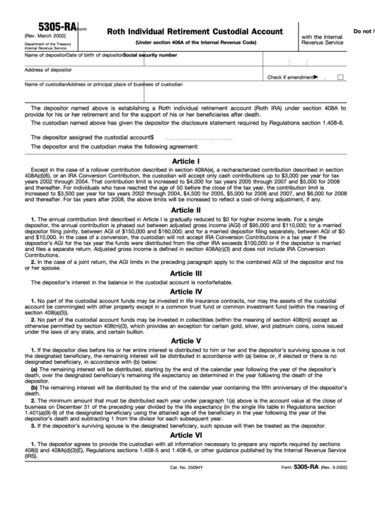 Fillable Form 5305-Ra - Roth Individual Retirement Custodial Account Printable pdf