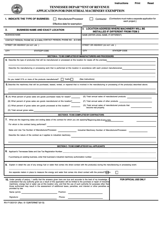 Fillable Form Rv-F1303101 - Application For Industrial Machinery ...