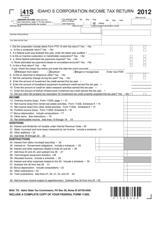 Fillable Form 41s - Idaho S Corporation Income Tax Return - 2012 Printable pdf