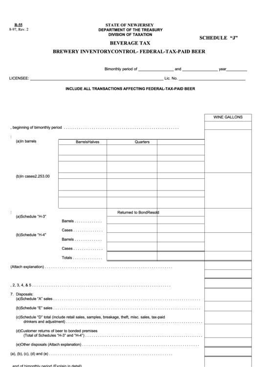 Fillable Schedule "J" (Form R-55) - Beverage Tax - Brewery Inventory Control - Federal-Tax-Paid Beer Printable pdf