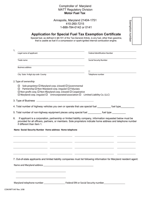 Fillable Form Com/mft-047 - Application For Special Fuel Tax Exemption Certificate Printable pdf
