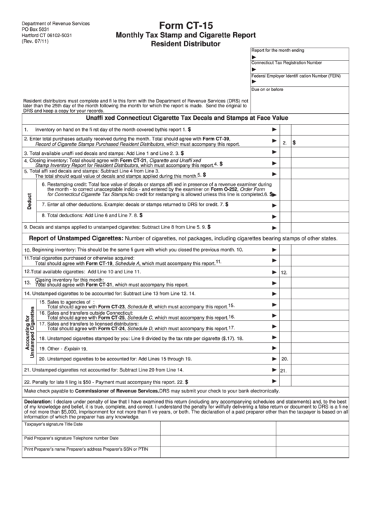 Fillable Form Ct-15 - Monthly Tax Stamp And Cigarette Report Resident Distributor Printable pdf