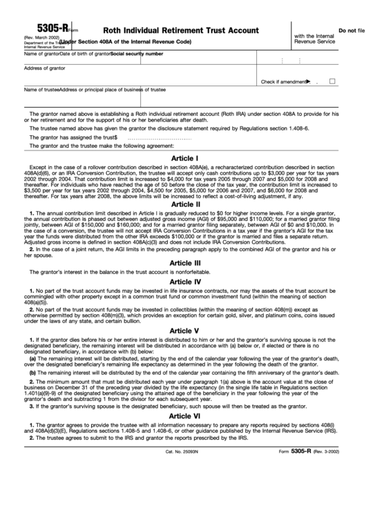 Fillable Form 5305-R - Roth Individual Retirement Trust Account Printable pdf