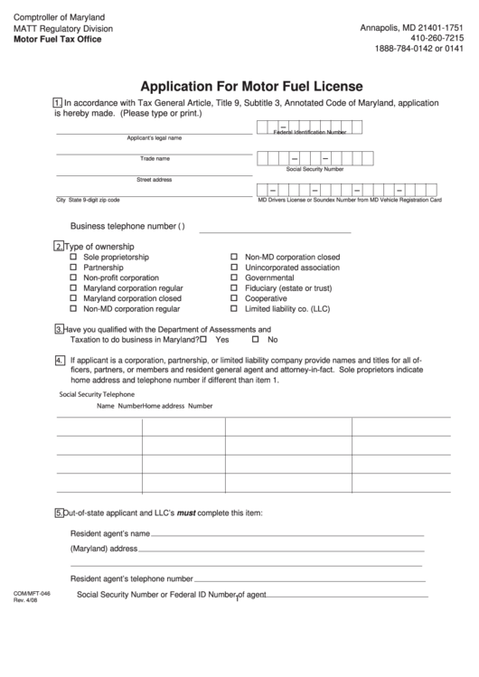 Fillable Form Com/mft-046 - Application For Motor Fuel License Printable pdf