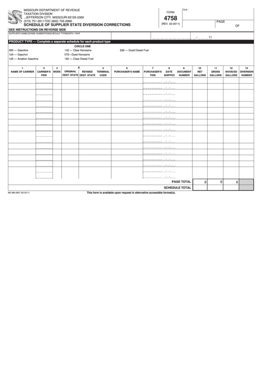 Fillable Form 4758 - Schedule Of Supplier State Diversion Corrections Printable pdf