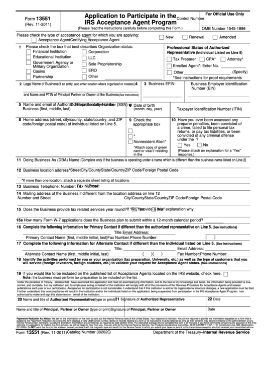 Fillable Form 13551 - Application To Participate In The Irs Acceptance Agent Program - 2011 Printable pdf