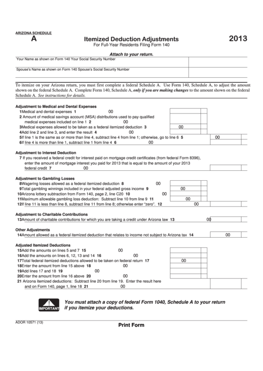 Fillable Arizona Schedule A - Itemized Deduction Adjustments - 2013 Printable pdf