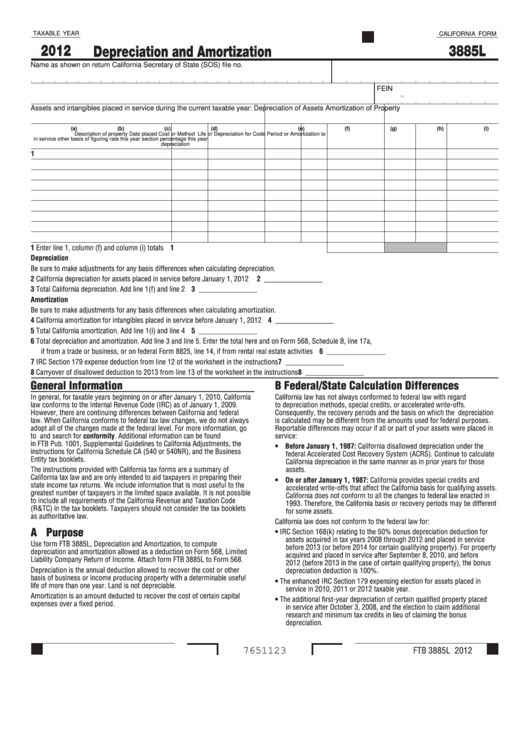 Fillable California Form 3885l - Depreciation And Amortization - 2012 Printable pdf