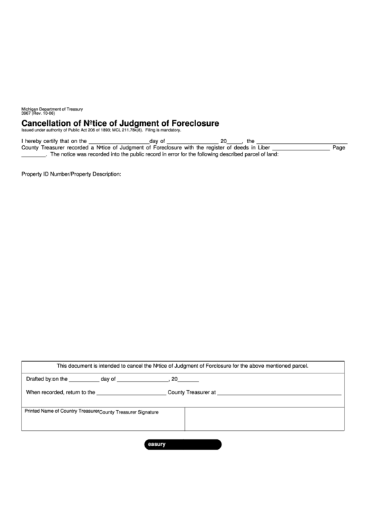 Form 3967 - Cancellation Of Notice Of Judgment Of Foreclosure Printable pdf