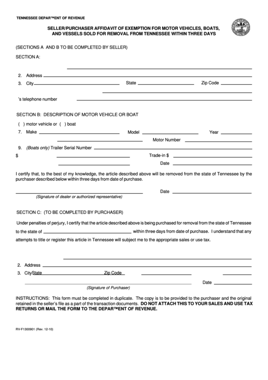 Form Rv-F1300901 - Seller/purchaser Affidavit Of Exemption For Motor Vehicles, Boats, And Vessels Sold For Removal From Tennessee Within Three Days Printable pdf