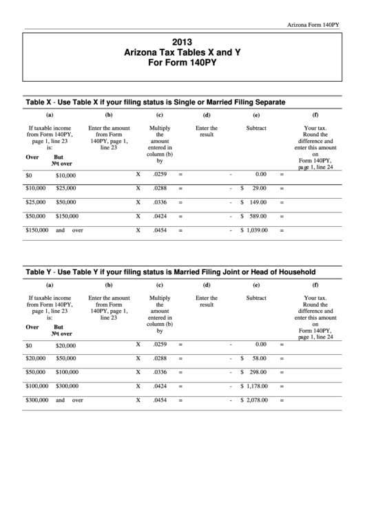 Arizona Tax Tables X And Y For Form 140py - 2013 Printable pdf