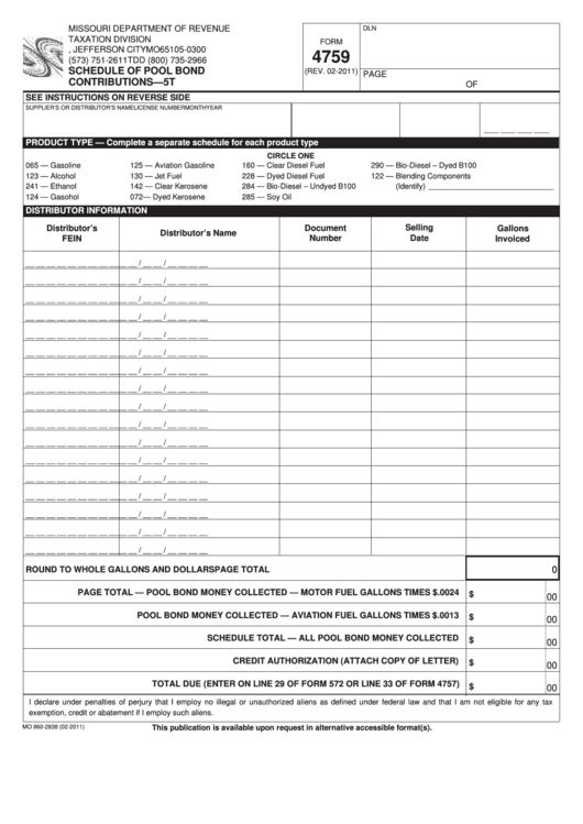 Fillable Form 4759 - Schedule Of Pool Bond Contributions-5t Printable pdf