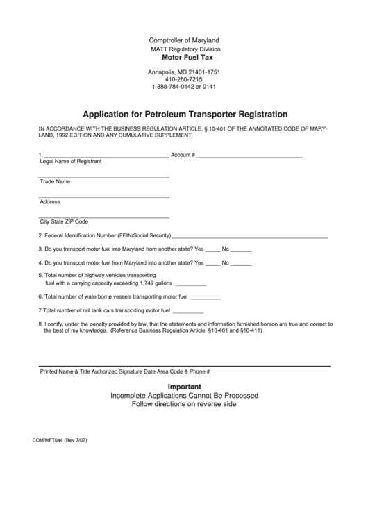 Fillable Form Com/mft044 - Application For Petroleum Transporter Registration Printable pdf
