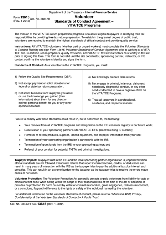 Fillable Form 13615 - Volunteer Standards Of Conduct Agreement - Vita/tce Programs Printable pdf