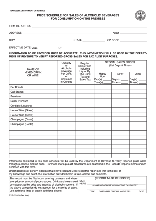 Form Rv-F1301101 - Price Schedule For Sales Of Alcoholic Beverages For Consumption On The Premises Printable pdf