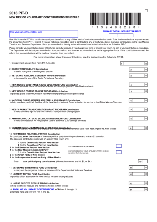 Fillable Form Pit-D - New Mexico Voluntary Contributions Schedule - 2013 Printable pdf