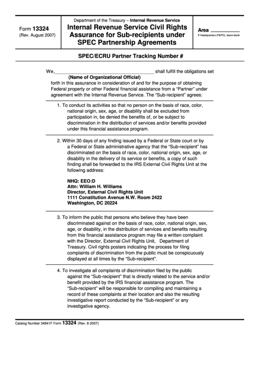 Fillable Form 13324 - Internal Revenue Service Civil Rights Assurance For Sub-Recipients Under Spec Partnership Agreements Printable pdf