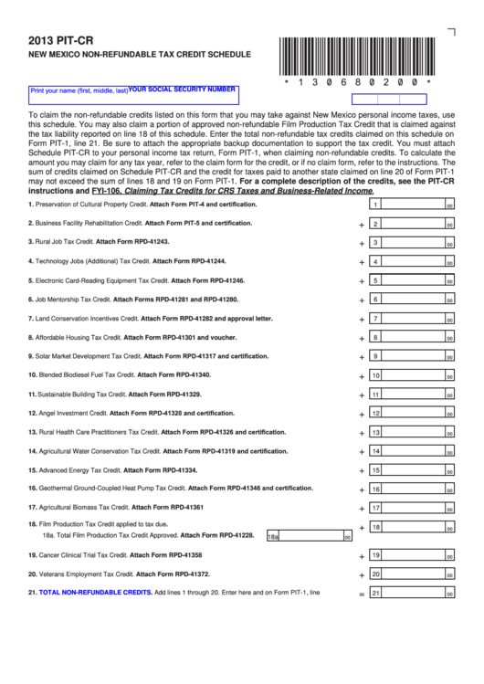 Fillable Form Pit-Cr - New Mexico Non-Refundable Tax Credit Schedule - 2013 Printable pdf