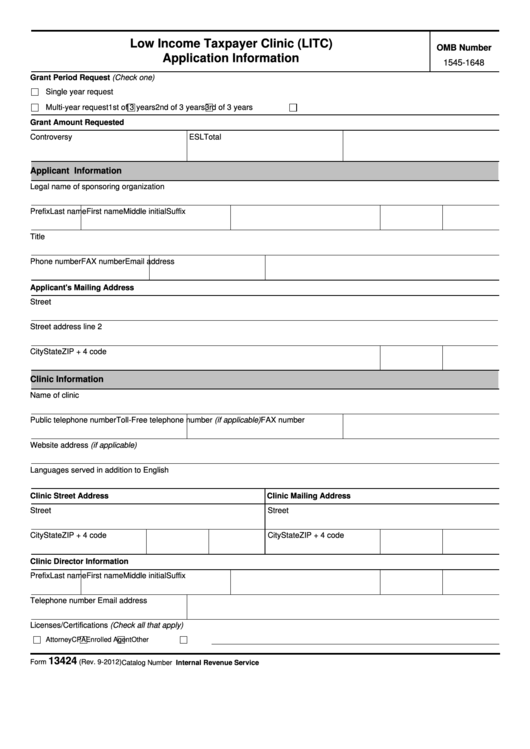 Fillable Form 13424 - Low Income Taxpayer Clinic (Litc) Application Information Printable pdf