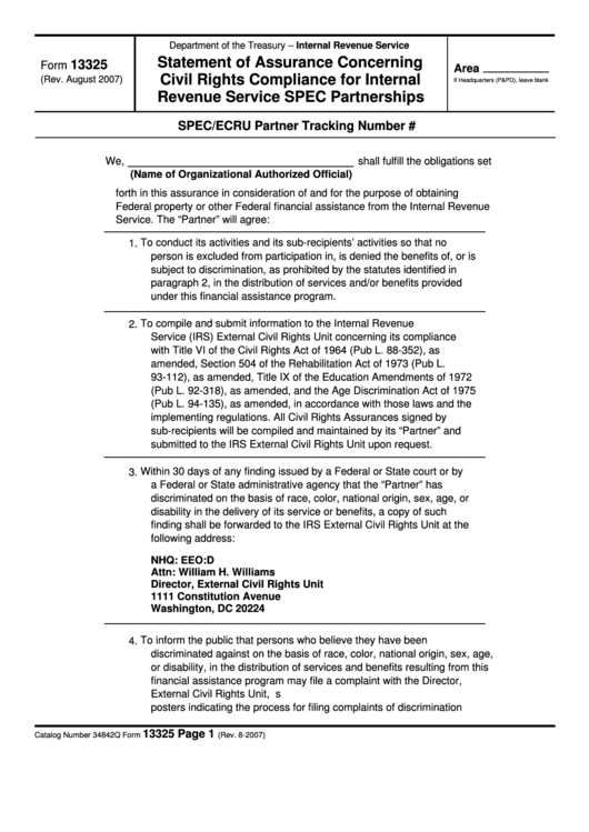 Fillable Form 13325 - Statement Of Assurance Concerning Civil Rights Compliance For Internal Revenue Service Spec Partnerships Printable pdf