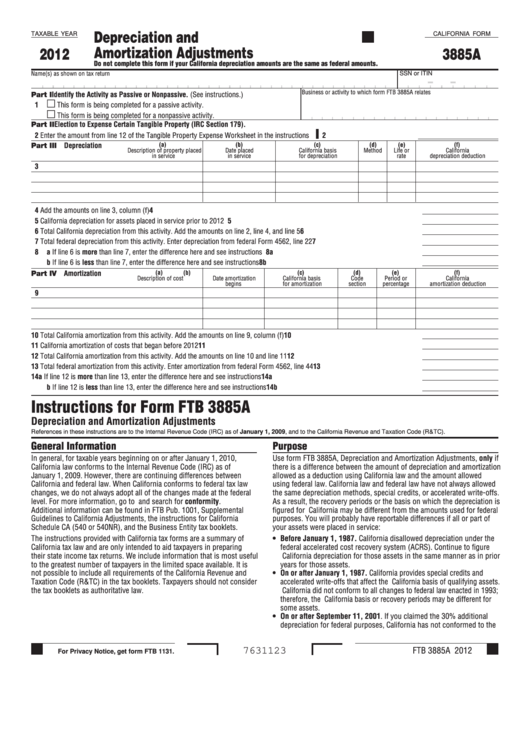 Fillable California Form 3885a - Depreciation And Amortization Adjustments - 2012 Printable pdf