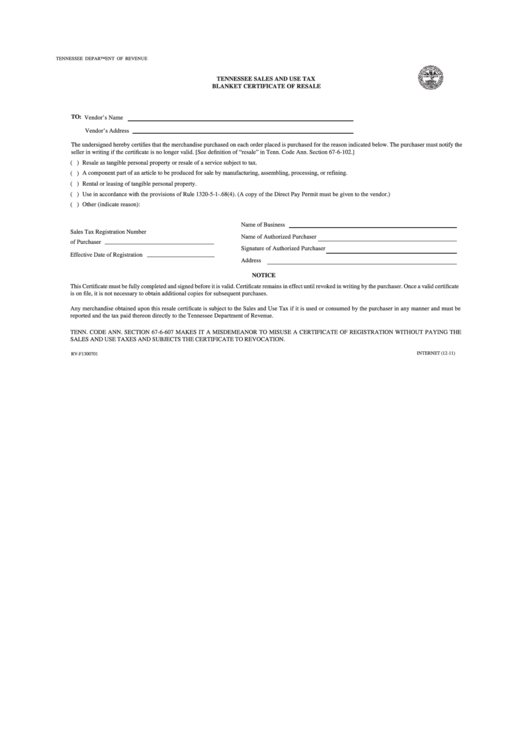 Form Rv-F1300701 - Tennessee Sales And Use Tax Blanket Certificate Of Resale Printable pdf