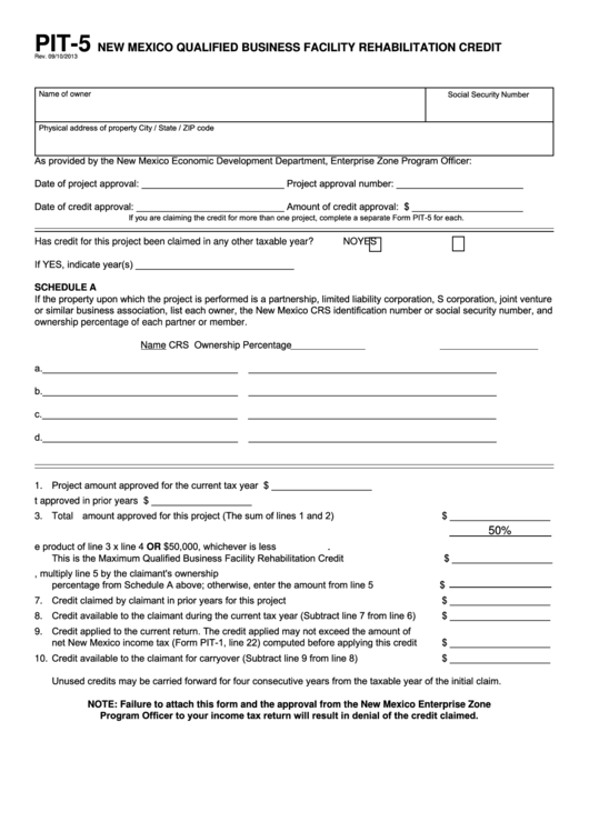 Fillable Form Pit-5 - New Mexico Qualified Business Facility Rehabilitation Credit Printable pdf