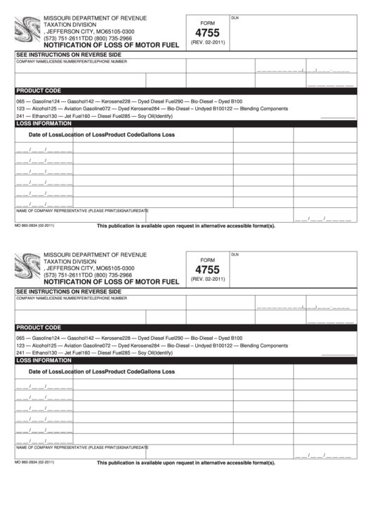 Fillable Form 4755 - Notification Of Loss Of Motor Fuel Printable pdf