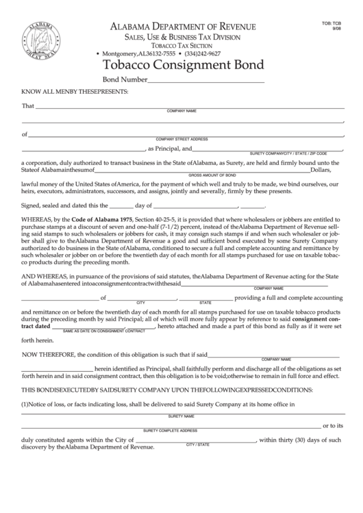 Fillable Tobacco Consignment Bond - Alabama Department Of Revenue Printable pdf
