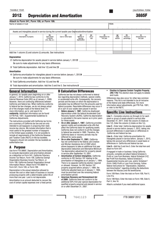 Fillable California Form 3885f - Depreciation And Amortization - 2012 Printable pdf