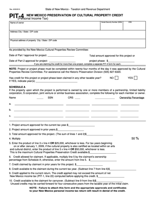 Fillable Form Pit-4 - New Mexico Preservation Of Cultural Property Credit Printable pdf