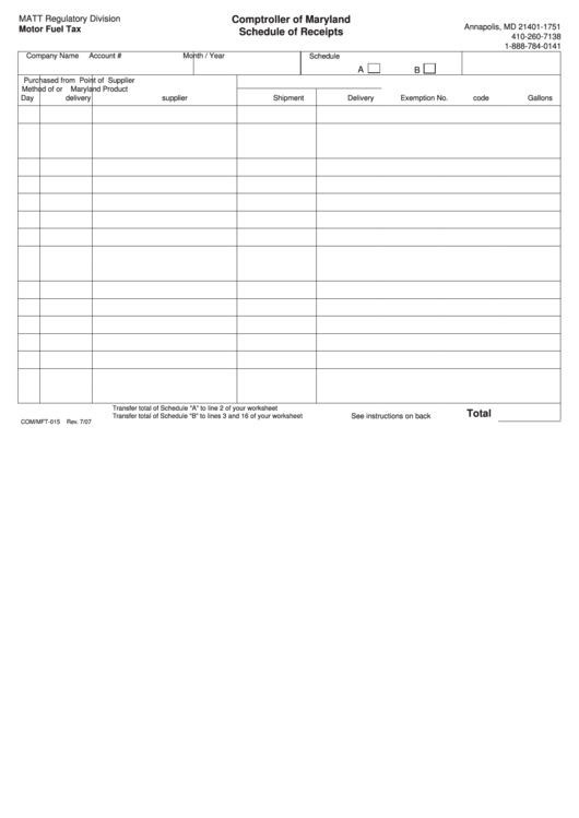 Fillable Form Com/mft-015 - Schedule Of Receipts - Comptroller Of Maryland Printable pdf