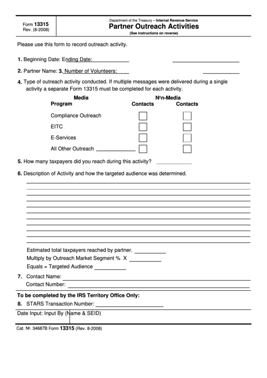 Fillable Form 13315 - Partner Outreach Activities Printable pdf