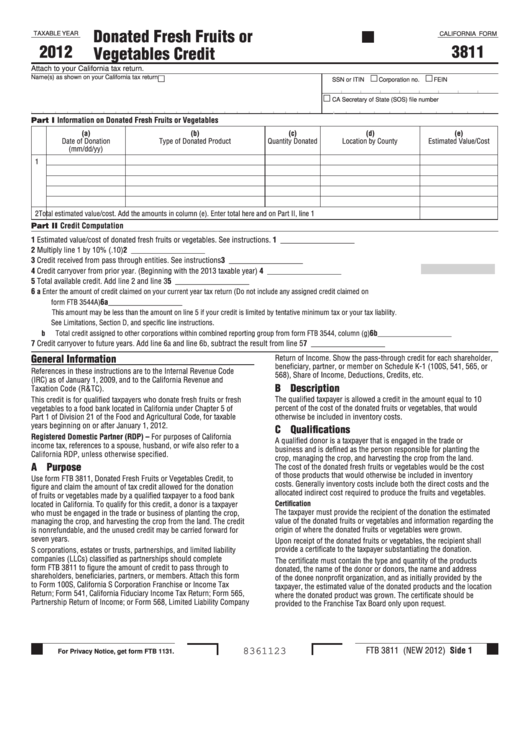 Fillable California Form 3811 - Donated Fresh Fruits Or Vegetables Credit - 2012 Printable pdf