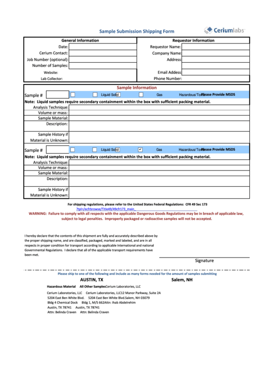 Fillable Sample Submission Shipping Form Printable pdf