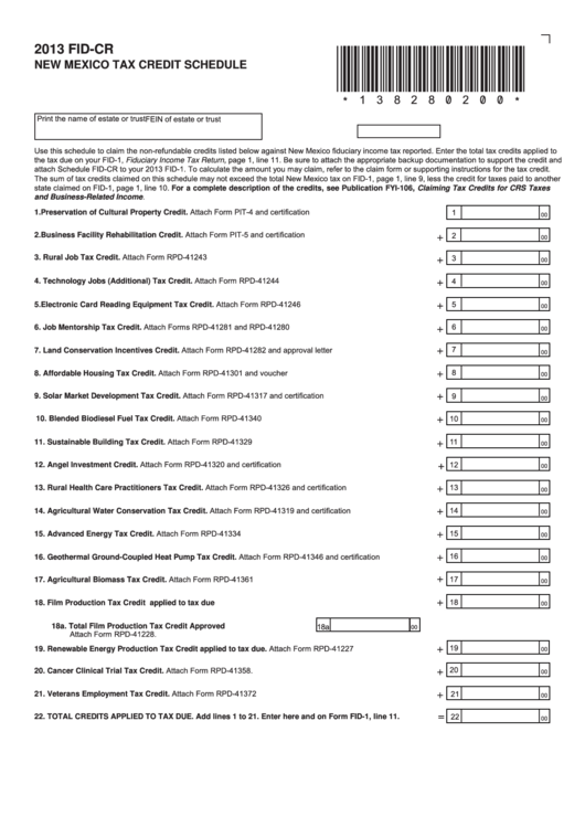 Fillable Form Fid-Cr - New Mexico Tax Credit Schedule - 2013 Printable pdf