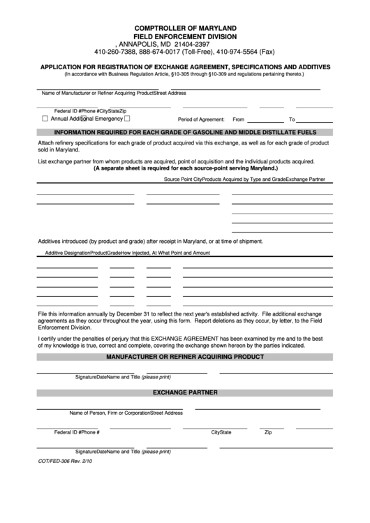 Fillable Form Cot/fed-306 - Application For Registration Of Exchange Agreement, Specifications And Additives Printable pdf