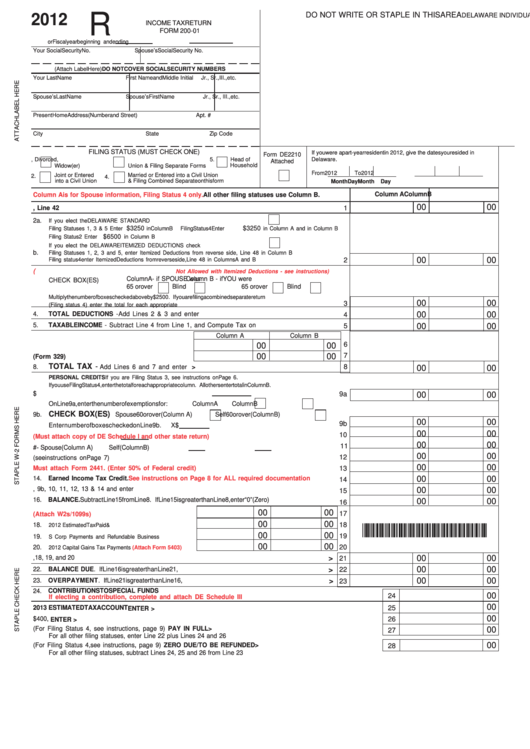 Fillable Delaware Resident Form 200-01 - Delaware Individual Resident Income Tax Return - 2012 Printable pdf