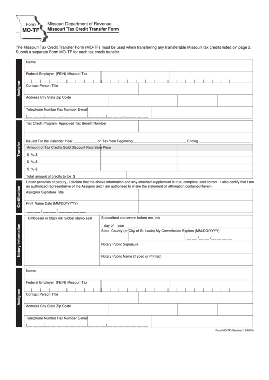 Fillable Form Mo-Tf - Missouri Tax Credit Transfer Form Printable pdf