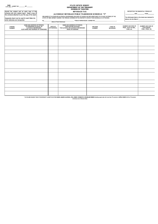 Fillable Schedule "T" (Form R-26) - Beverage Tax - Alcoholic Beverage Public Warehouse Printable pdf
