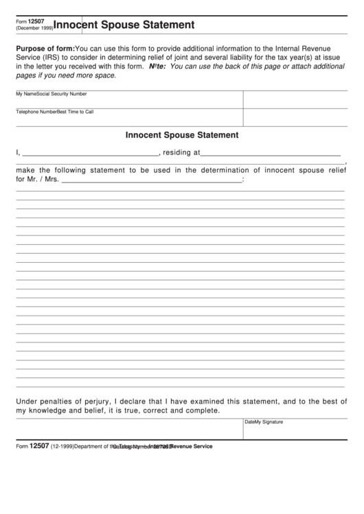 Fillable Form 12507 - Innocent Spouse Statement Printable pdf