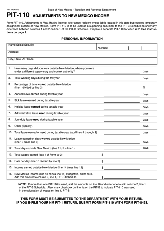 Fillable Form Pit-110 - Adjustments To New Mexico Income Printable pdf