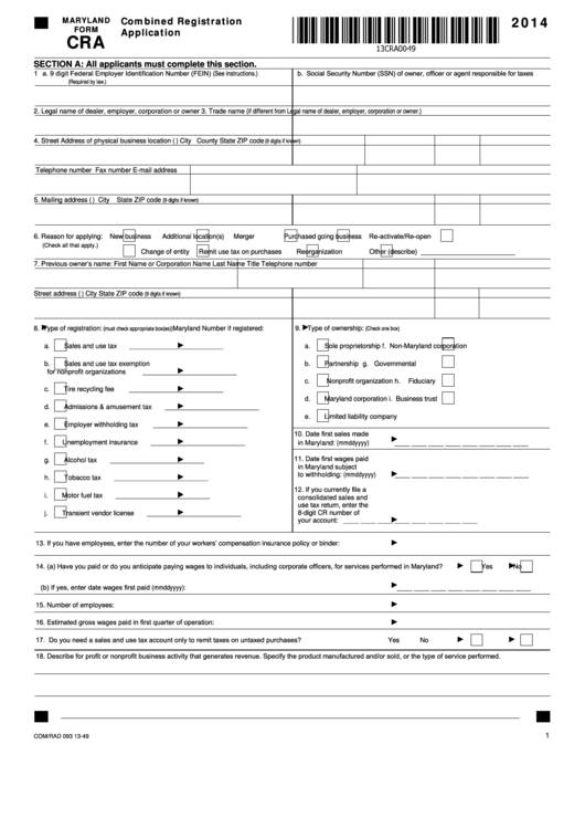 Fillable Maryland Form Cra - Combined Registration Application - 2014 Printable pdf