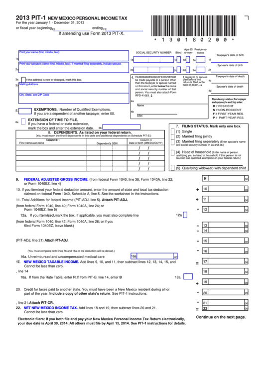 Fillable Form Pit-1 - New Mexico Personal Income Tax - 2013 Printable pdf