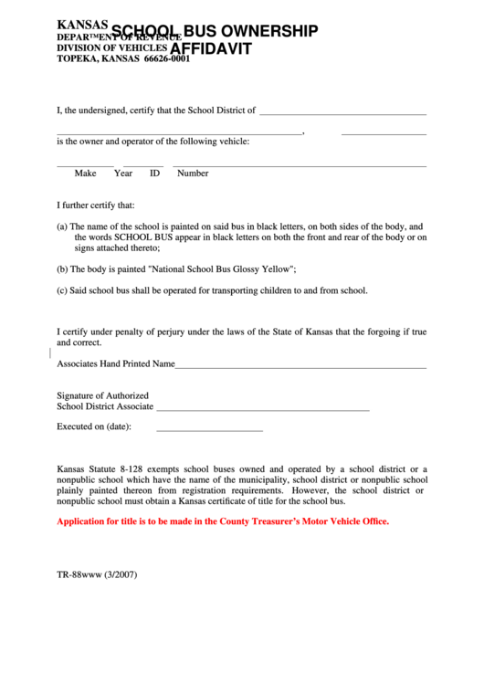 Fillable Form Tr-88 - School Bus Ownership Affidavit Printable pdf