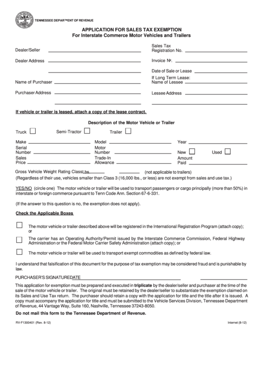 Form Rv-F1300401 - Application For Sales Tax Exemption For Interstate Commerce Motor Vehicles And Trailers Printable pdf