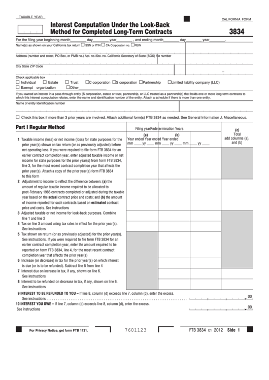 Fillable California Form 3834 - Interest Computation Under The Look-Back Method For Completed Long-Term Contracts Printable pdf